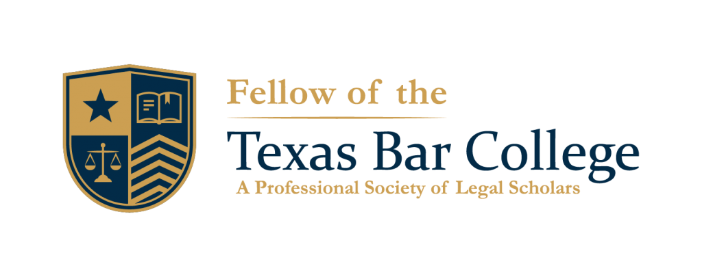 The Texas Bar College logo along with the text Fellow of the Texas Bar College A Professional Society of Legal Scholars